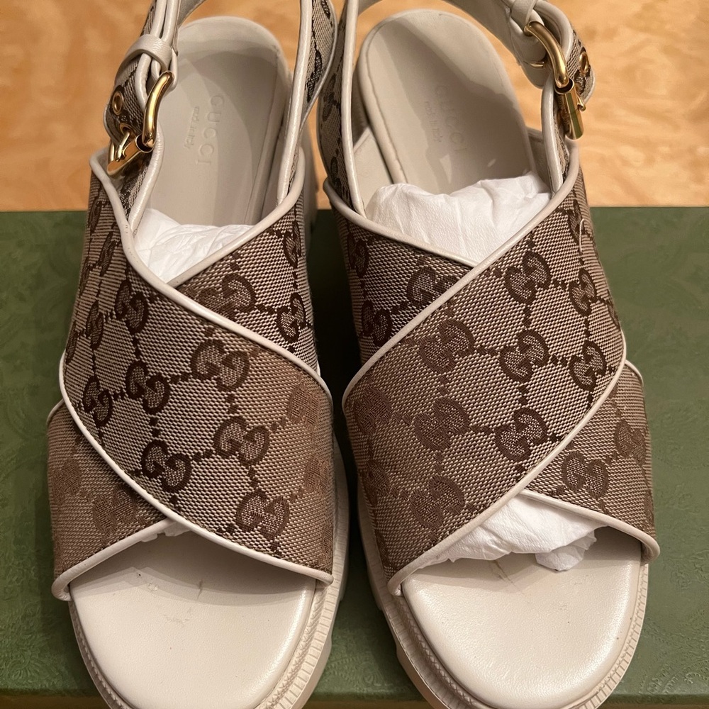 Gucci Brown Monogram Crisscross Sandals with White Trim